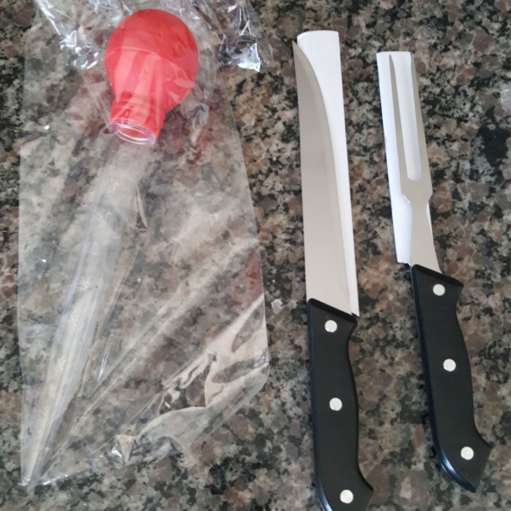 Serving fork. Knife and baster from sharper image New